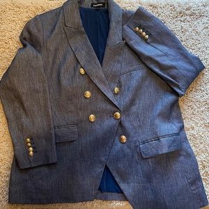 EXPRESS - Linen-Blend Double Breasted Novelty Button Blazer